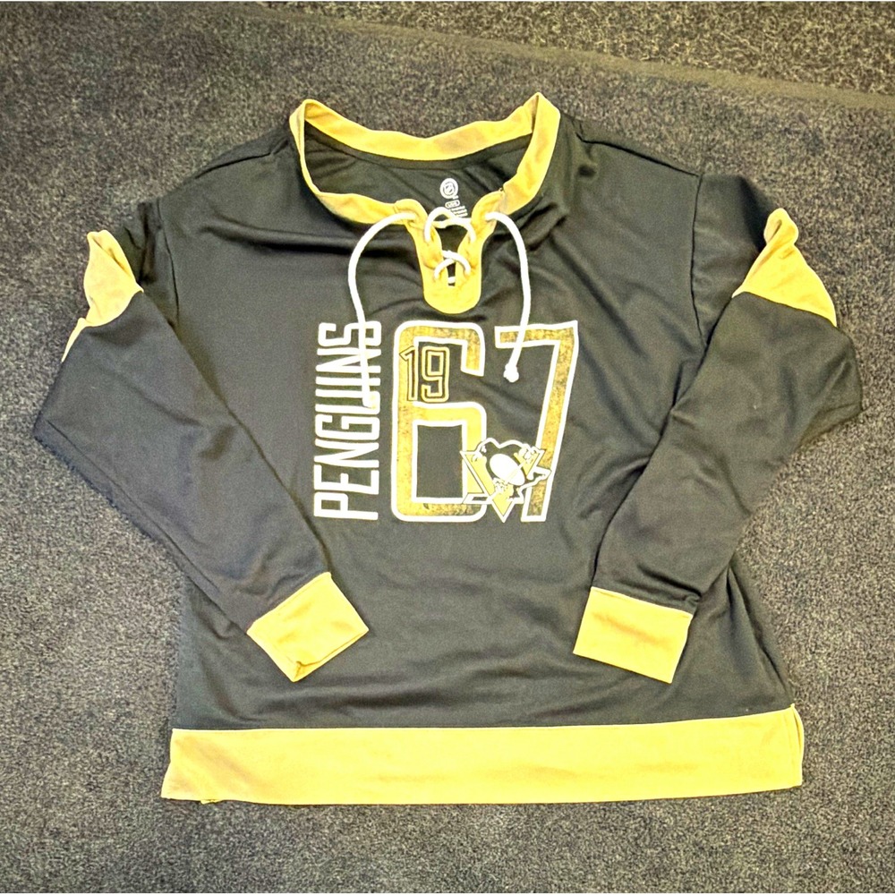 Pittsburgh Penguins NHL Lace-Up Long Sleeve Shirt Pullover Size L Black/Gold